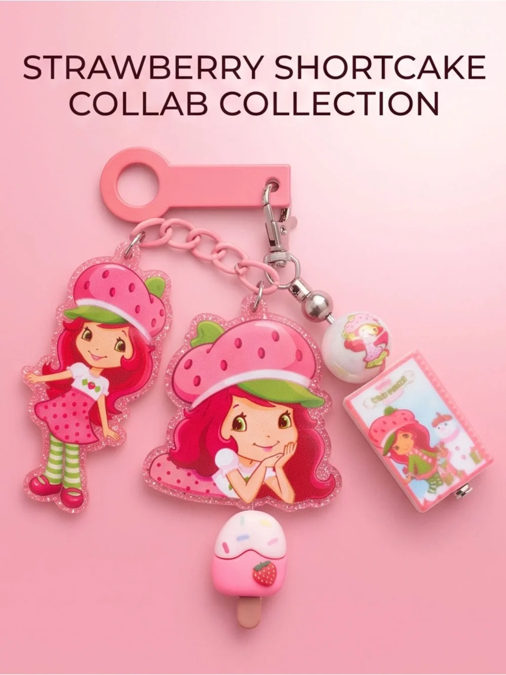 Pink Strawberry Character Kids Hair Bow with Matching Charms